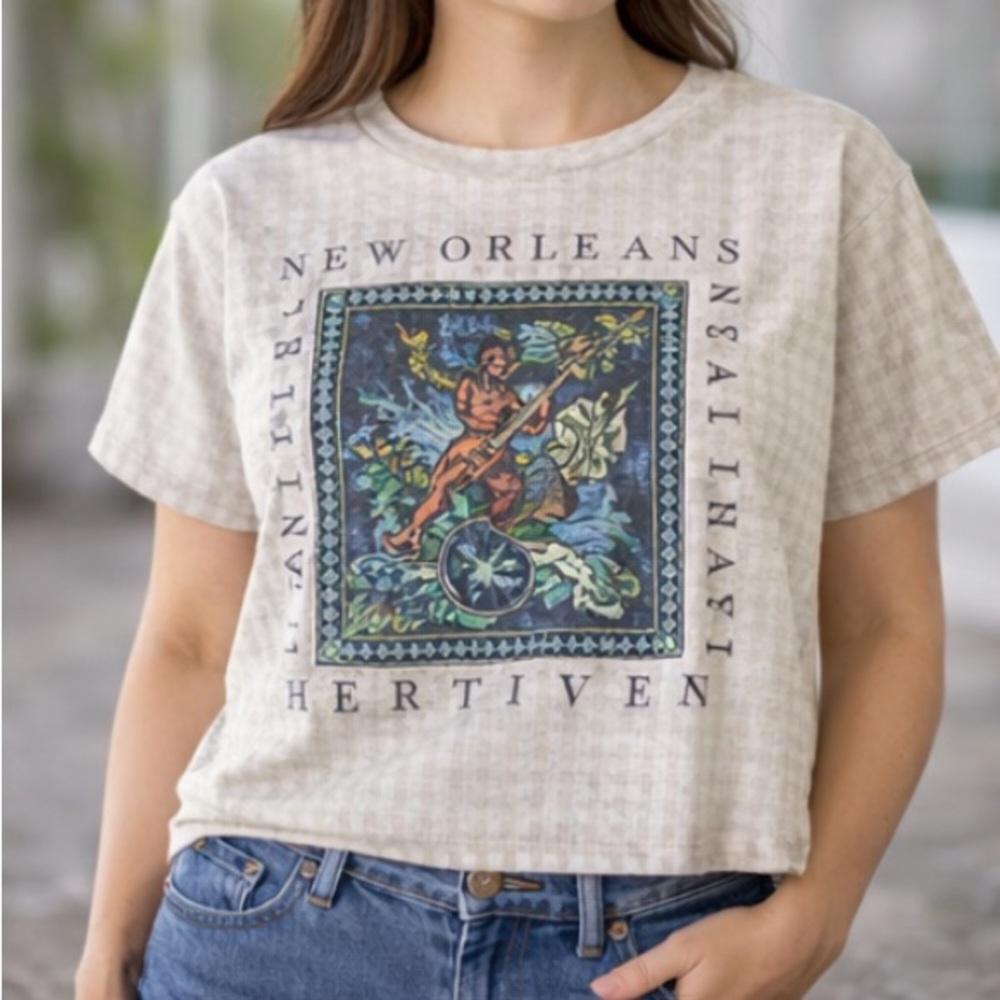 Vintage 1989 New Orleans Jazz Heritage Festival Crop Tee Shirt Boxy‎ Fit